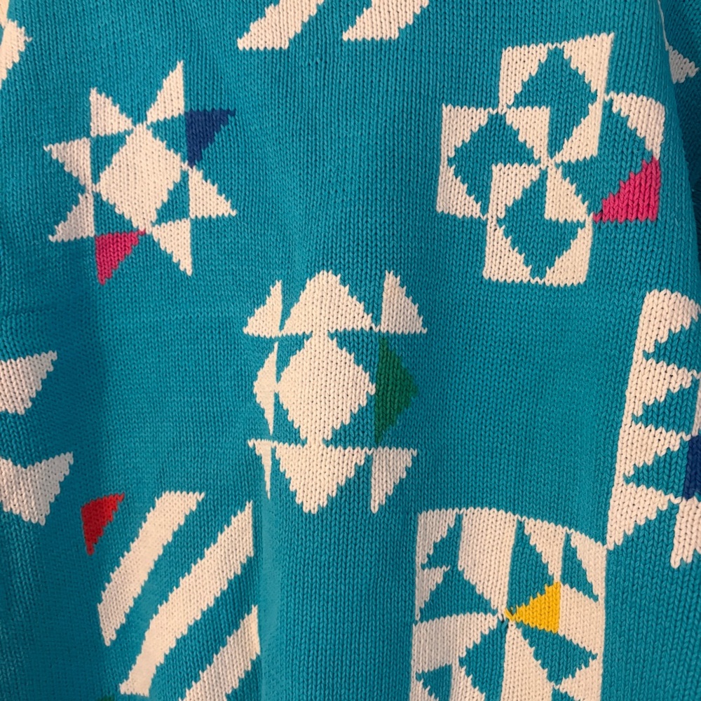 Vintage 80s Bay Club Teal Geometric Mockneck Short Sleeve Sweater Size Large - Picture 2 of 4